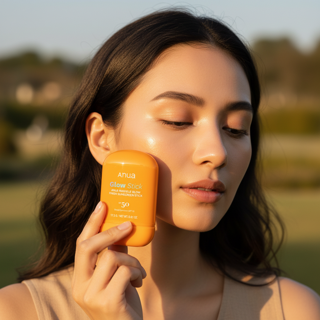 Woman applying Anua Invisible Glow Sunstick