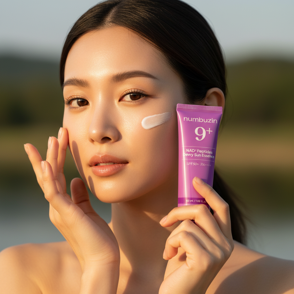 Woman applying Numbuzin No.9 NAD Peptides Dewy Sun Essence