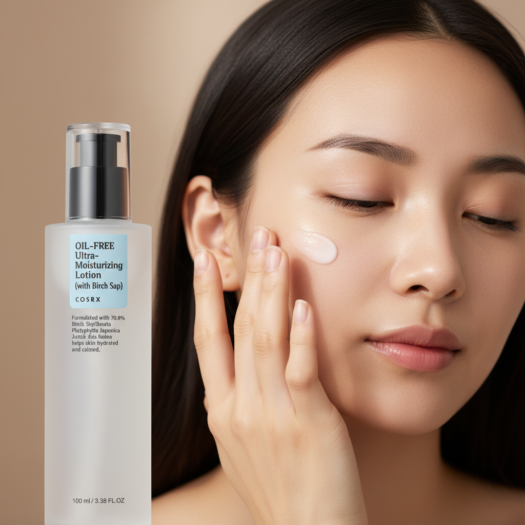 Woman applying COSRX Oil-Free Ultra-Moisturizing Lotion