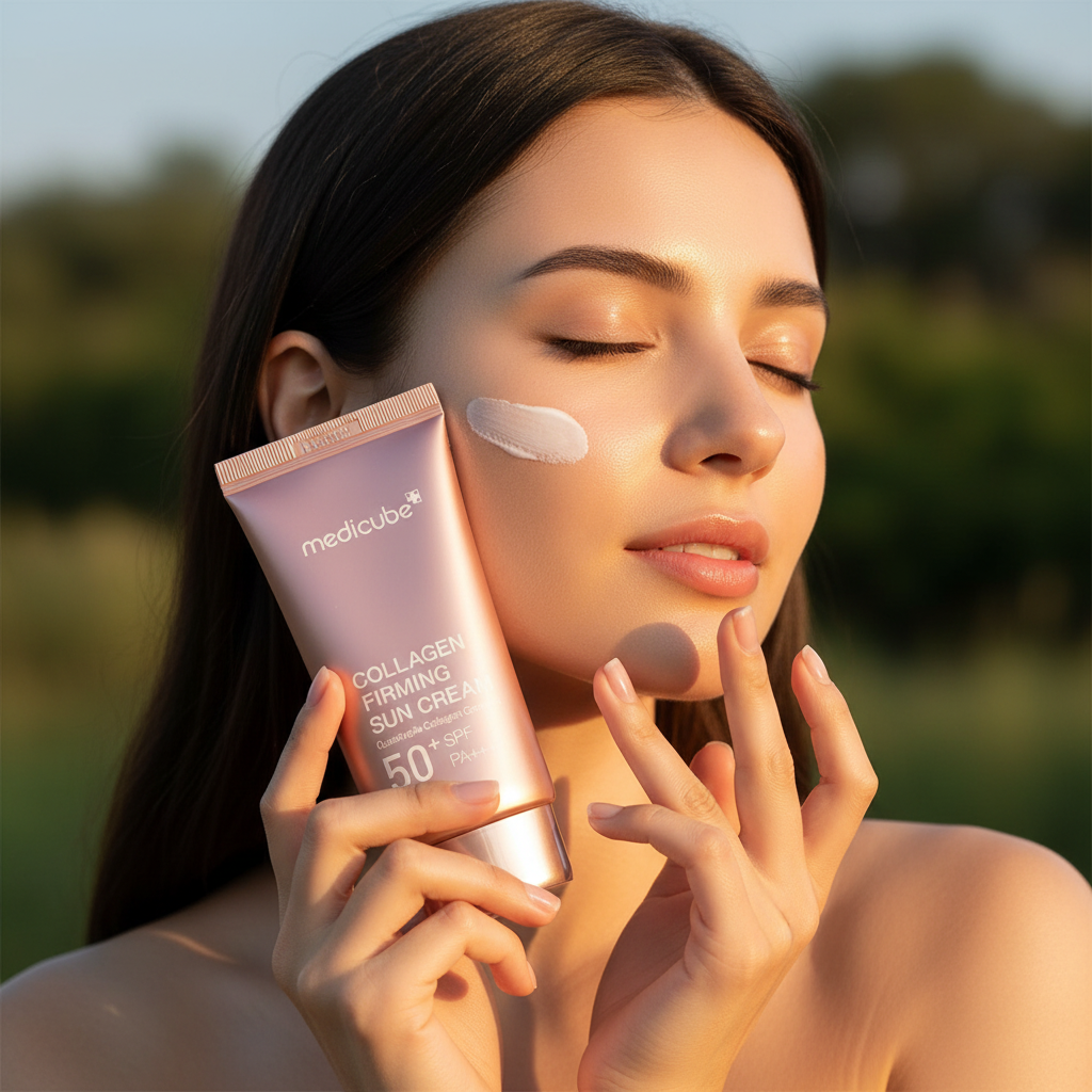 Woman applying Medicube Collagen Firming Sun Cream