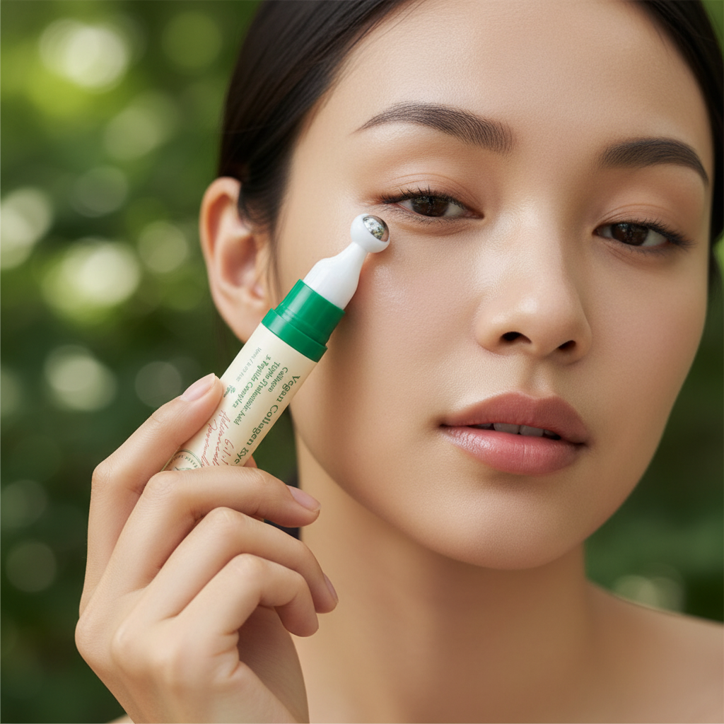 Woman applying AXIS-Y Vegan Collagen Eye Serum under eye
