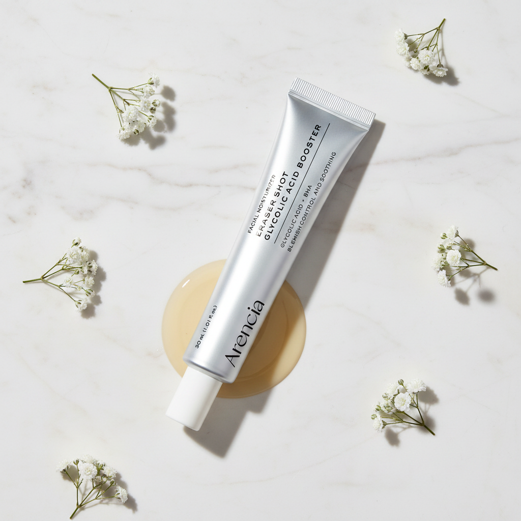 Arencia Eraser Shot Glycolic Acid Booster marble luxury flat lay