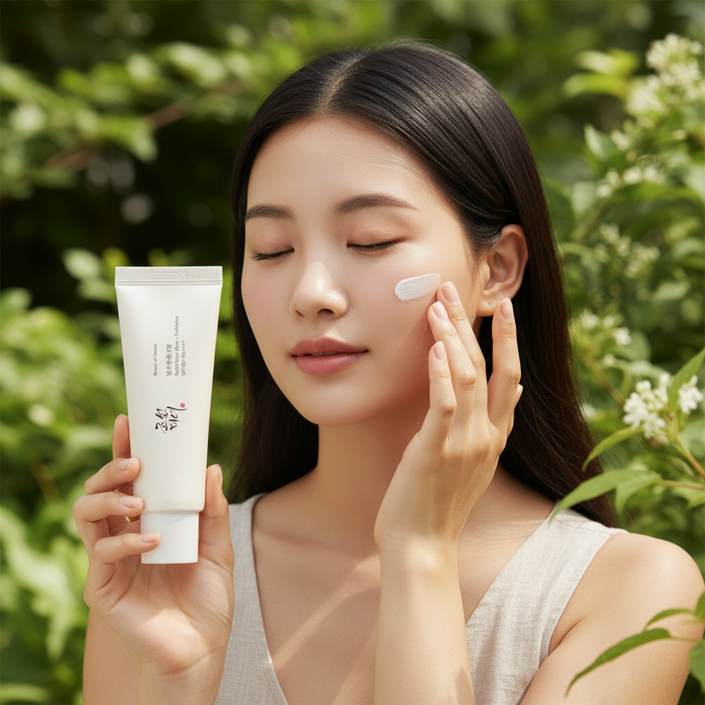 Woman applying Beauty of Joseon Relief Sun sunscreen outdoors