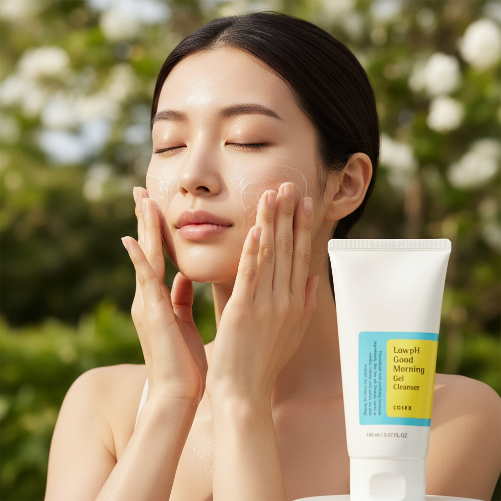 Woman applying COSRX Low pH Good Morning Gel Cleanser