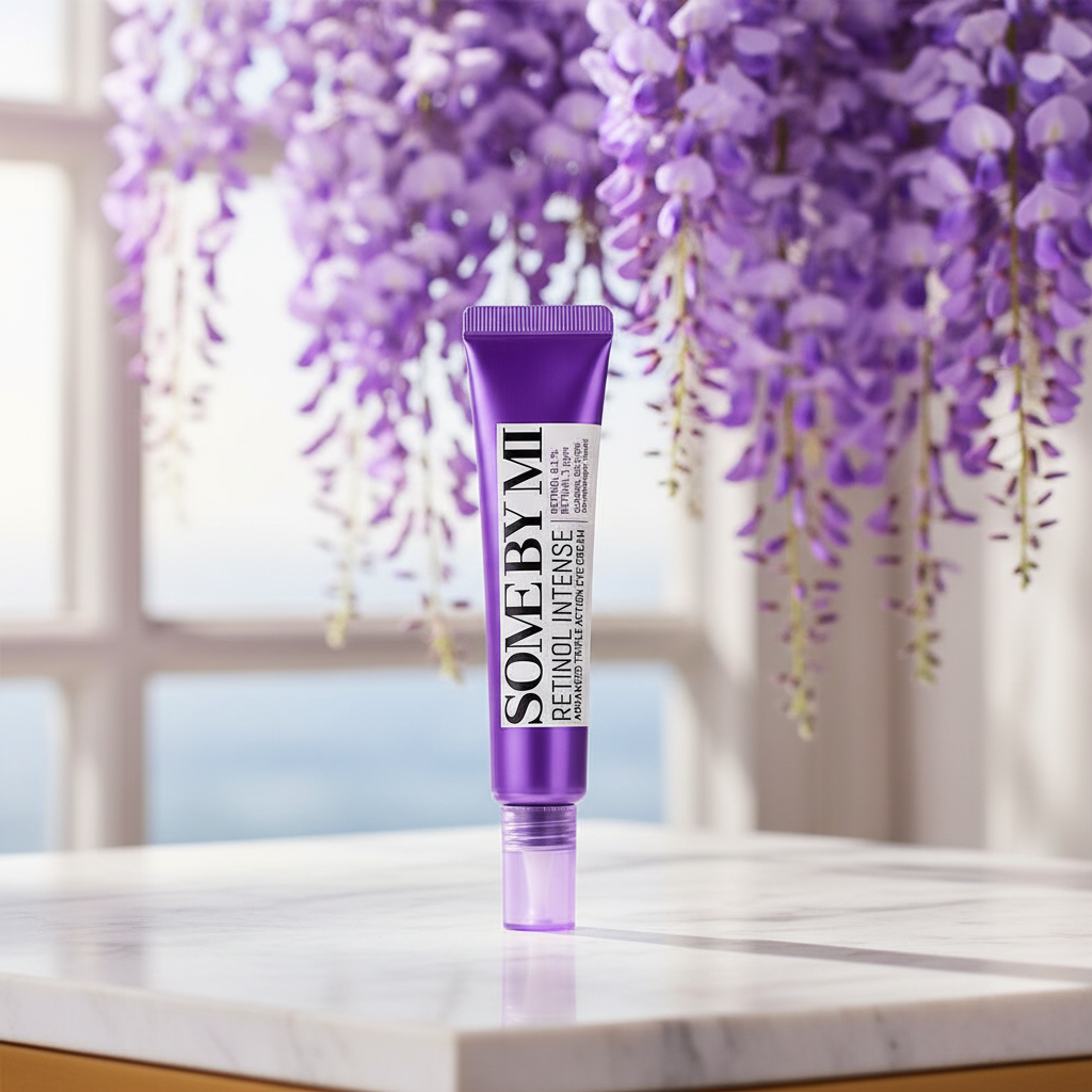 SOMEBYMI Retinol Intense Eye Cream with wisteria background