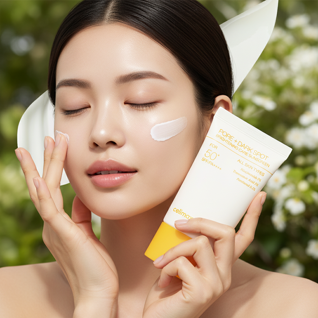 Woman applying Celimax sunscreen outdoors