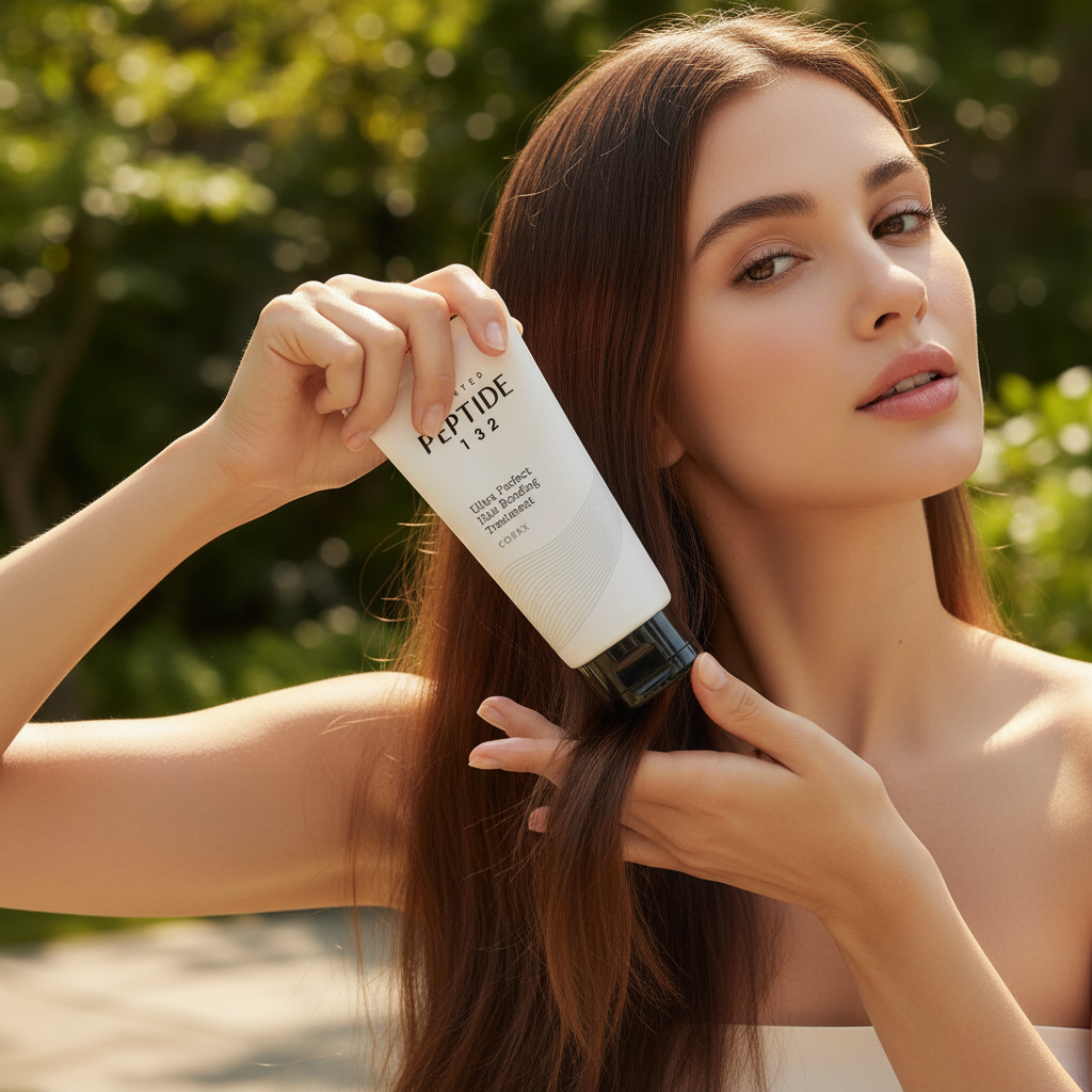 Woman applying COSRX Peptide-132 Hair Bonding Treatment