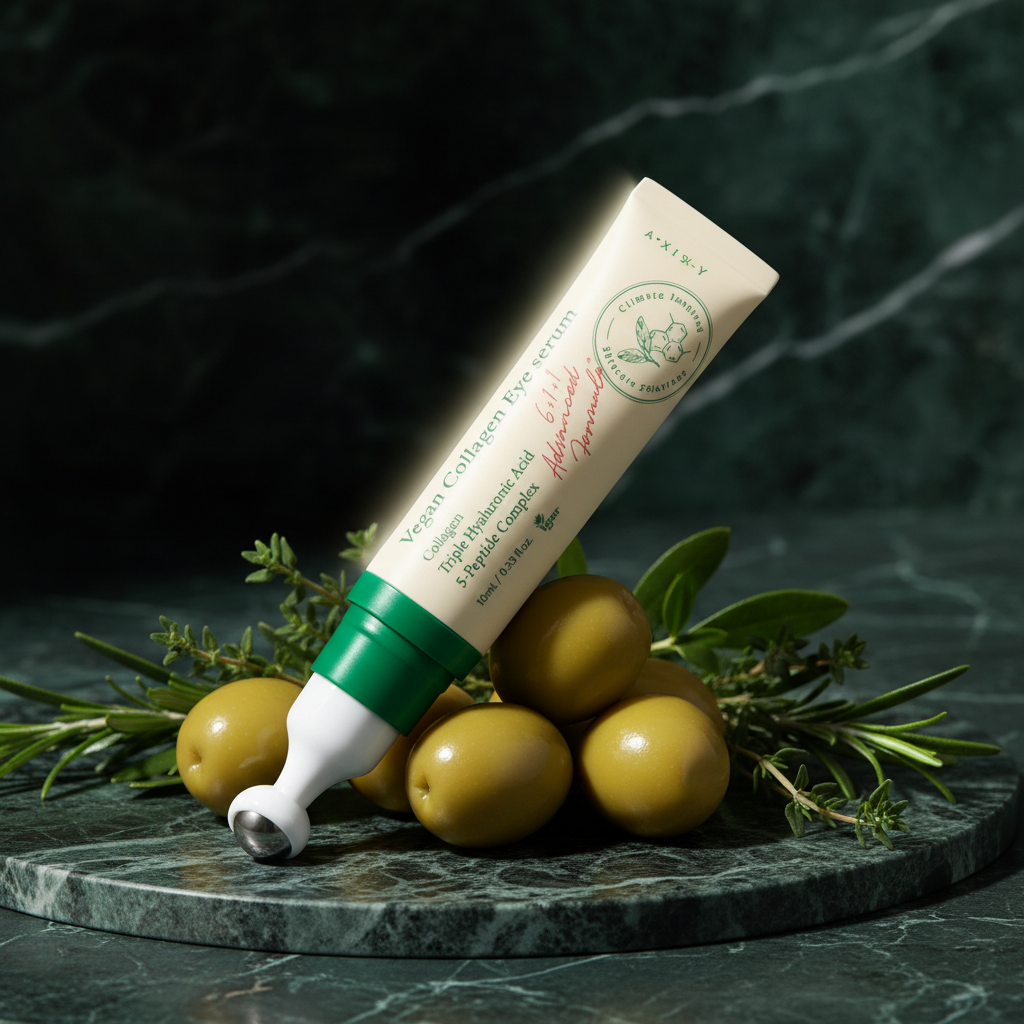 AXIS-Y Vegan Collagen Eye Serum on emerald marble with olives