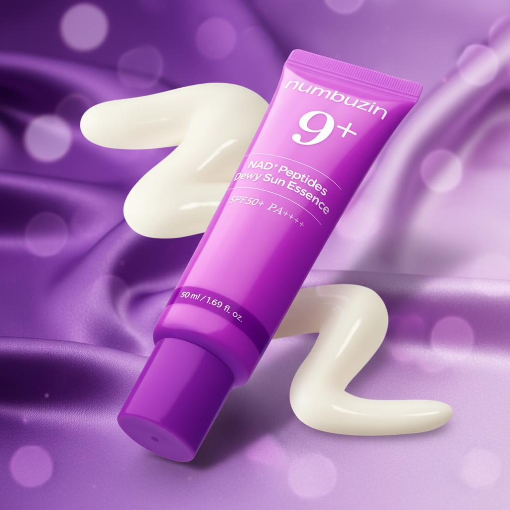 Numbuzin No.9 NAD Peptides Dewy Sun Essence on purple silk