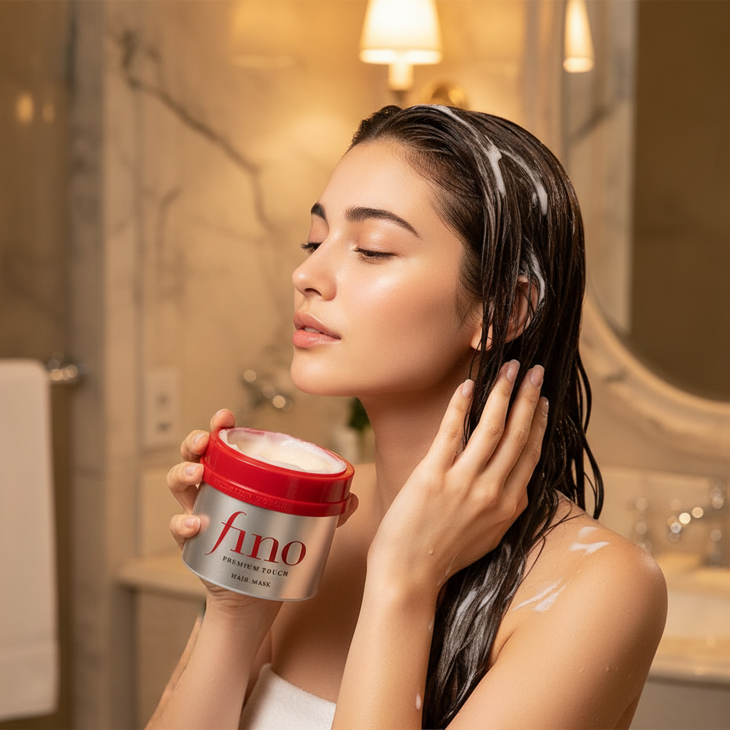 Woman applying Fino Premium Touch Hair Mask