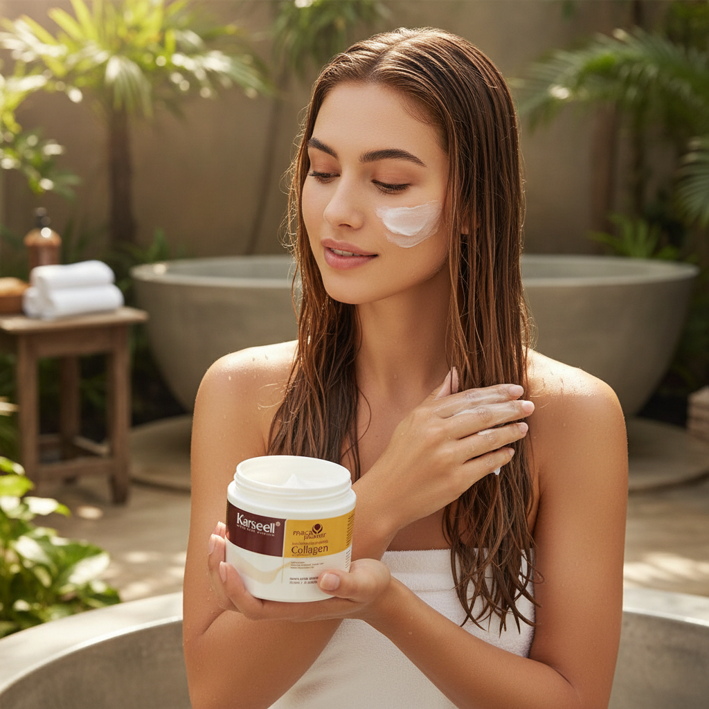 Woman applying Karseell Collagen Hair Mask