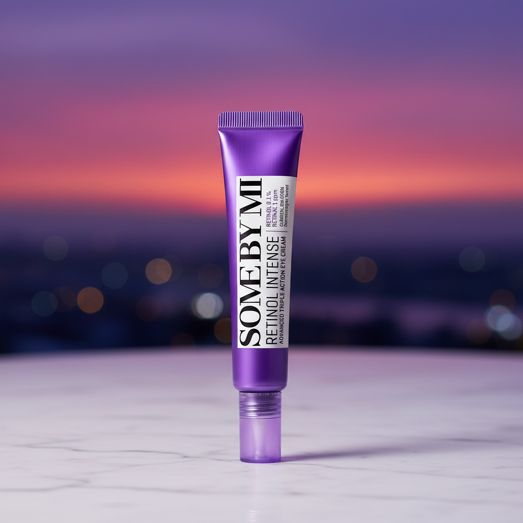 SOMEBYMI Retinol Intense Eye Cream with purple sunset background