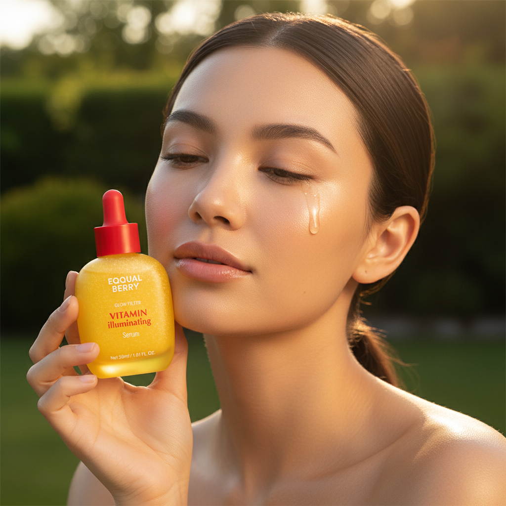Woman applying EQQUAL BERRY Vitamin Illuminating Serum