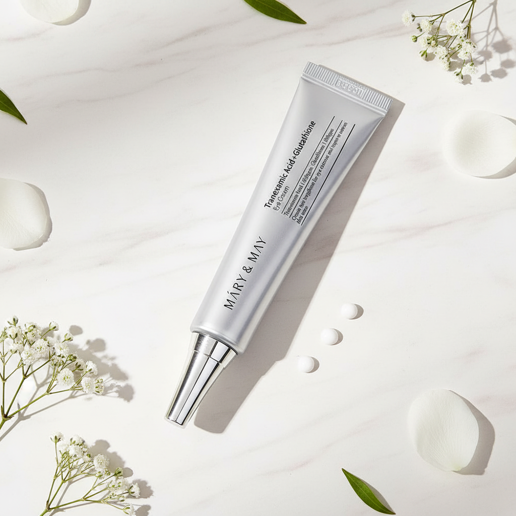Mary & May Eye Cream marble floral background