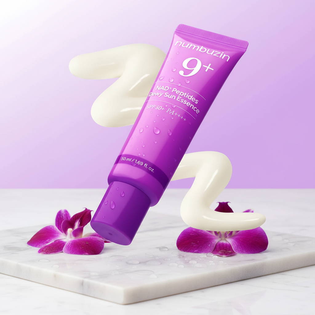 Numbuzin No.9 NAD Peptides Dewy Sun Essence on marble with orchids