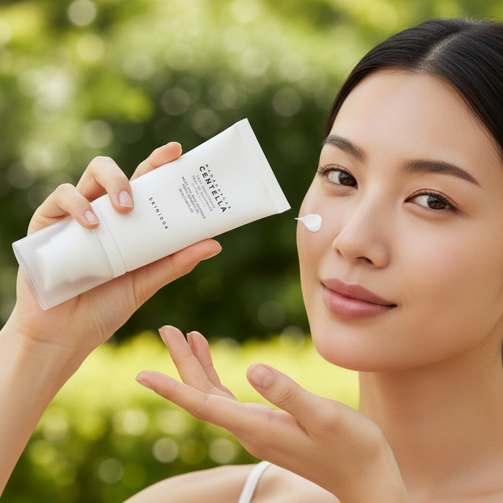 Woman Applying Sunscreen Outdoors