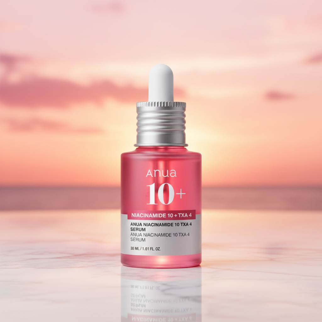 Anua Niacinamide Serum with sunset background